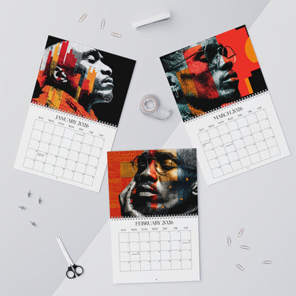 Three calendar pages showing a person's face with abstract designs on a gray surface.