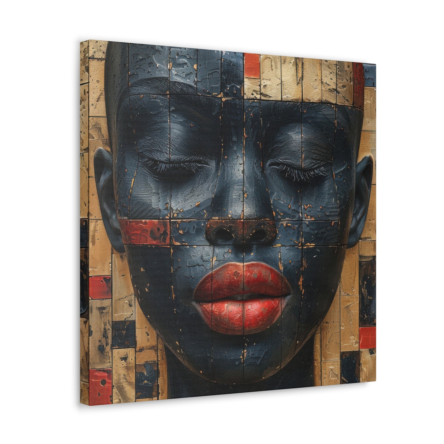 Unique African Woman Canvas Art: Bold Red Lips and Closed Eyes Design