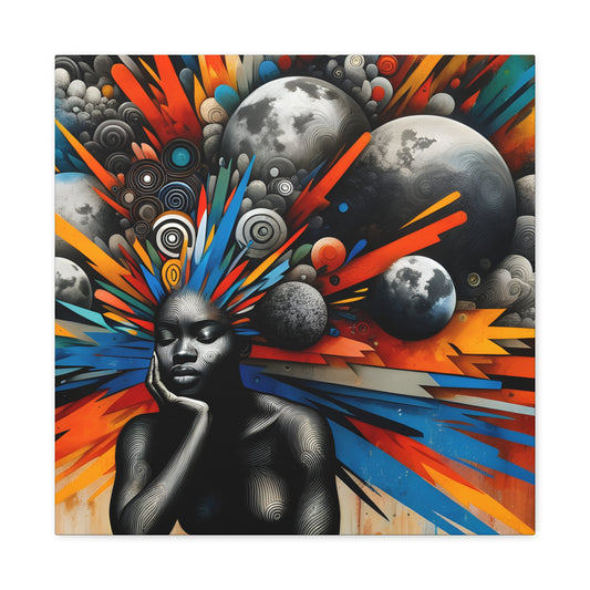 Digital art of a contemplative African woman against a vibrant cosmic backdrop with planets and a burst of orange, blue, and gray abstract elements | EbMerized Creations