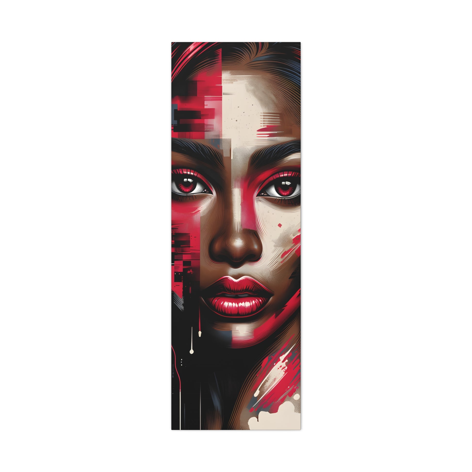 Digital portrait of an African American woman with striking red and pink hues on her face, dramatic red eyeshadow, and a captivating gaze, set against a street art backdrop with a drip effect. | EbMerized Creations