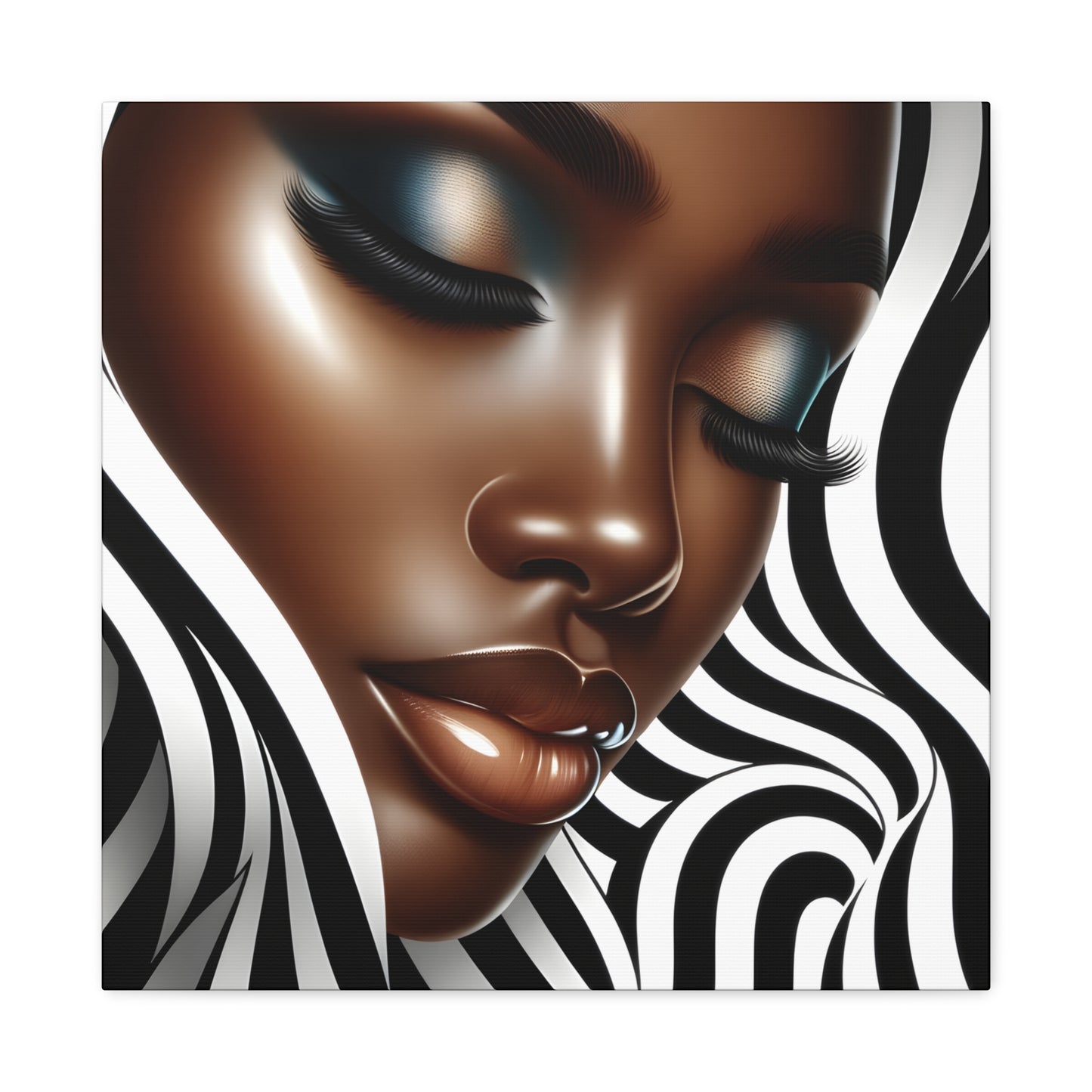 Digital art of an African American woman's serene face with wavy black and white patterns in the background, highlighting her striking features | EbMerized Creations