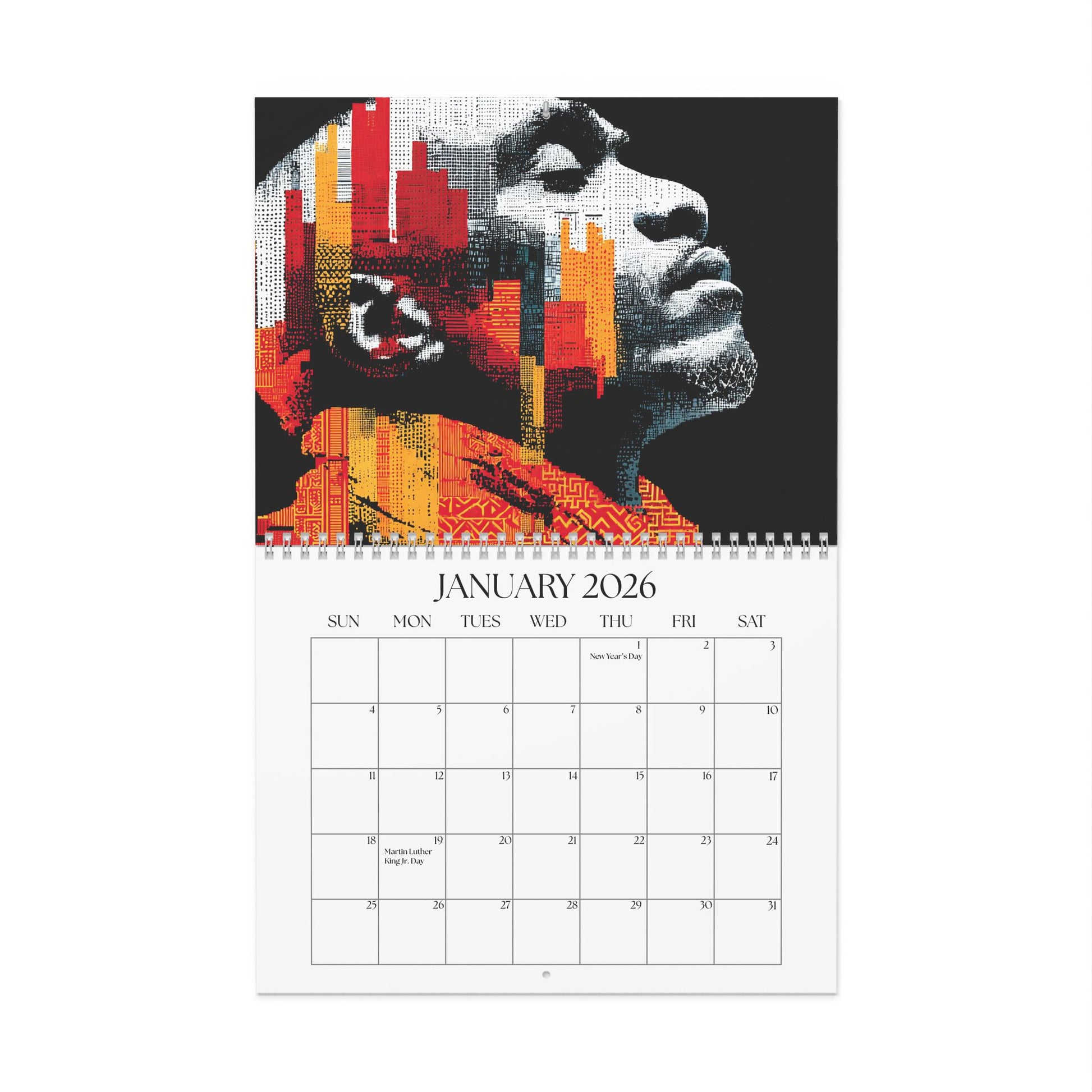 Calendar for January 2026 with a stylized portrait design on a white background