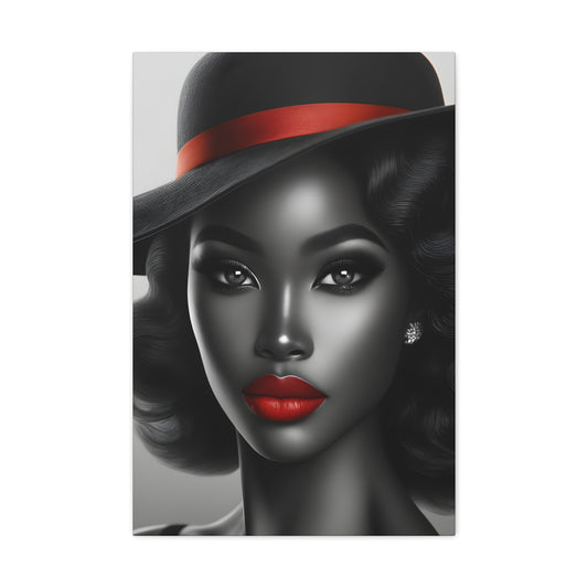 Stunning monochrome portrait of an African American woman with classic Hollywood glamour, highlighted by a red hat band and glossy red lips | EbMerized Creations