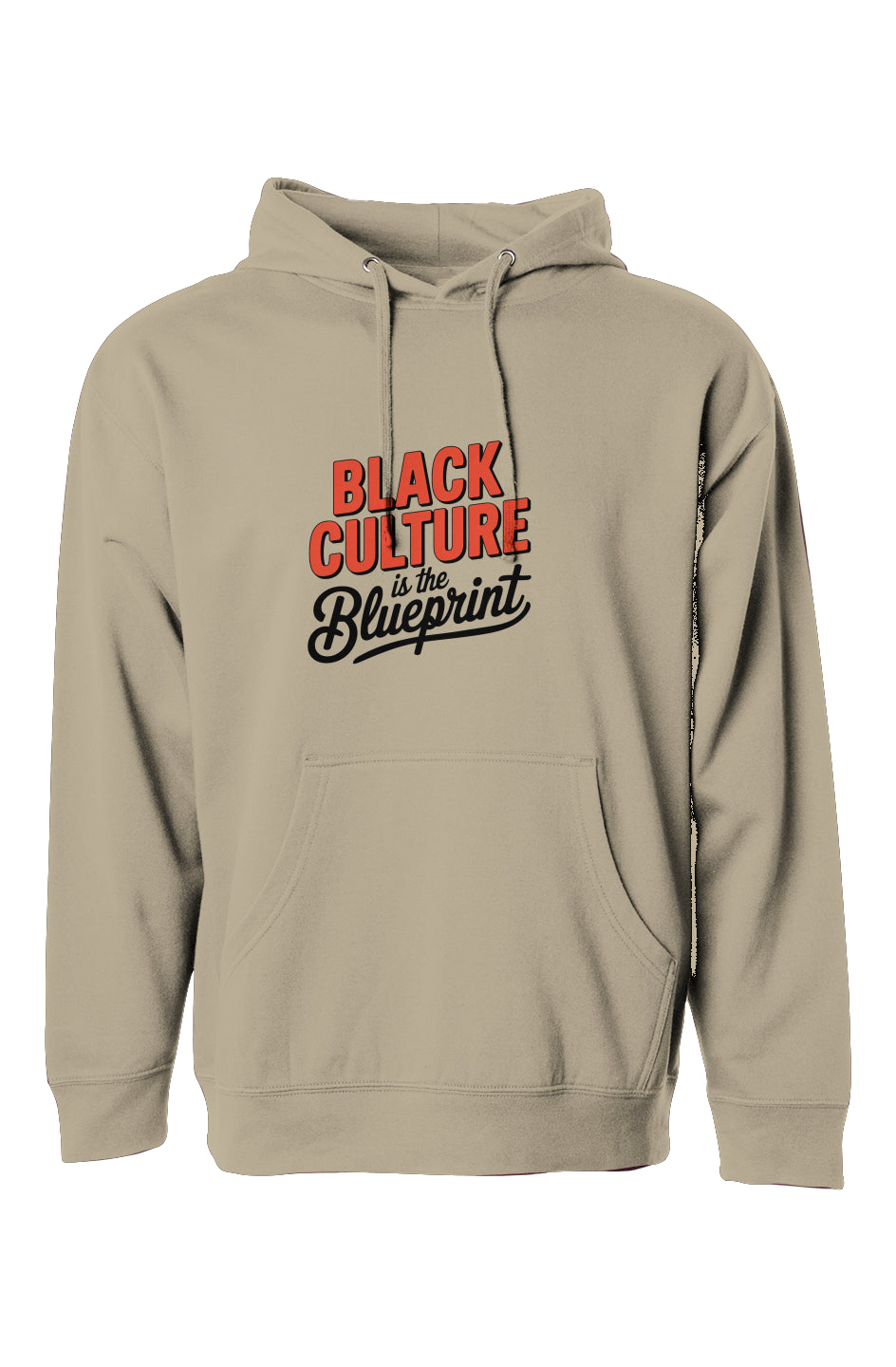 A beige midweight hoodie featuring bold red and black text that reads "Black Culture is the Blueprint." The hoodie has a front pocket and drawstring hood, available in four colors and sizes XS-3XL.