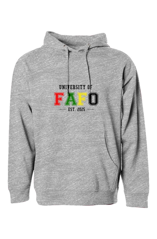 A midweight hoodie featuring the updated FAFO varsity-style design, reading "University of FAFO" in bold collegiate lettering. Below, "EST. 2025" is highlighted with stylish ornamental dividers. This is Version 2 of the design, available in the same hoodie color options as the original. Includes a front pocket and drawstring hood.