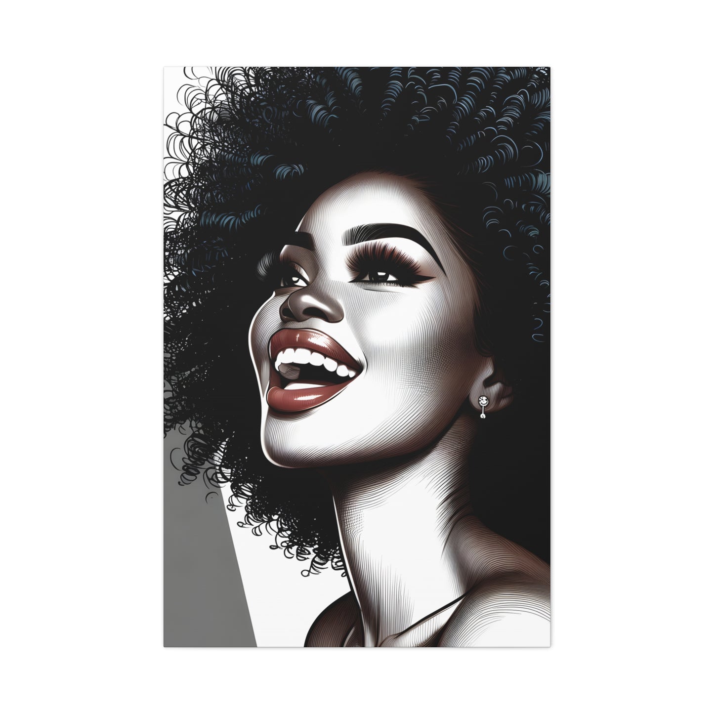 Illustration of a joyful African-American woman with a large curly afro, sparkling earring, and bright makeup, exuding happiness and style | EbMerized Creations