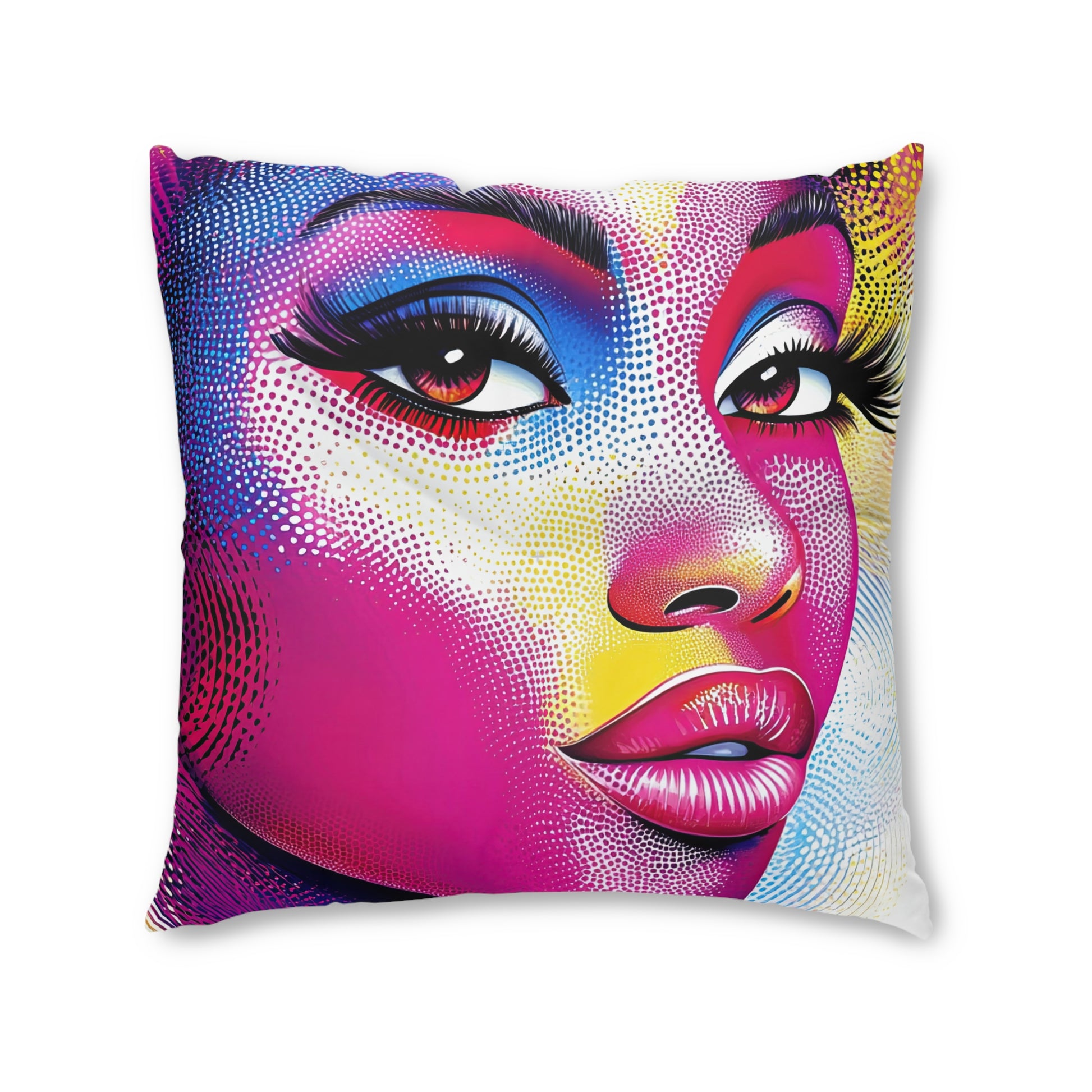 Vibrant Pop Art Floor Pillow featuring a bold, colorful face design with tufted white stitching, perfect for modern and stylish home decor.