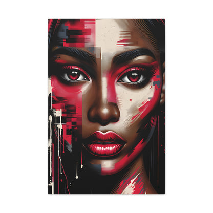 Digital portrait of an African American woman with striking red and pink hues on her face, dramatic red eyeshadow, and a captivating gaze, set against a street art backdrop with a drip effect. | EbMerized Creations