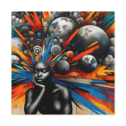 Digital art of a contemplative African woman against a vibrant cosmic backdrop with planets and a burst of orange, blue, and gray abstract elements | EbMerized Creations