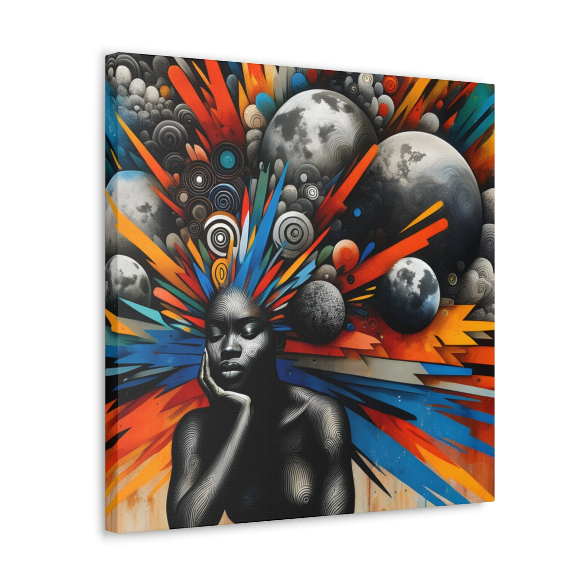 Cosmic Harmony: Vibrant Afro-Futuristic Digital Art Canvas from EbMerized Creations, featuring a serene Black woman with colorful, abstract cosmic elements and planets.