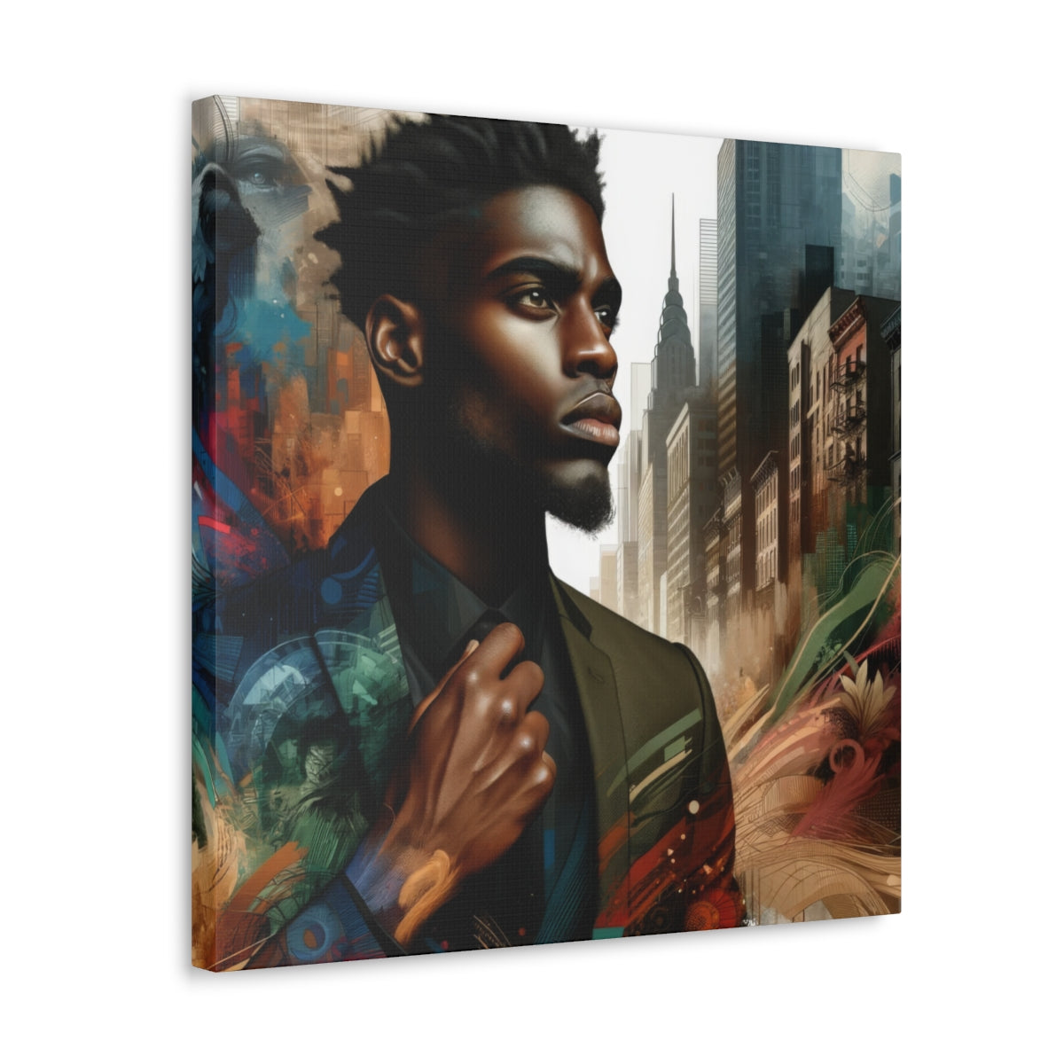 Urban Elegance: Striking Afro-Centric Digital Art Canvas featuring a powerful portrait of an African American man against a vibrant cityscape. This modern artwork blends urban elements with cultural motifs, perfect for contemporary home decor. Enhance your space with this unique and elegant Afro-centric art piece.