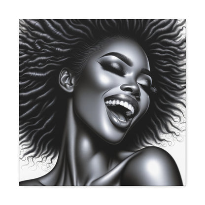 Monochrome Melody Canvas Art depicting a striking African American woman with curly hair, exuding joy and confidence. The portrait showcases her laughing with closed eyes in a detailed monochrome style.