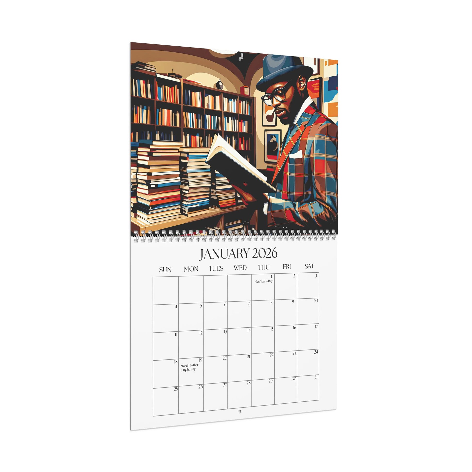 Calendar for January 2026 with a man reading a book in a library illustration.