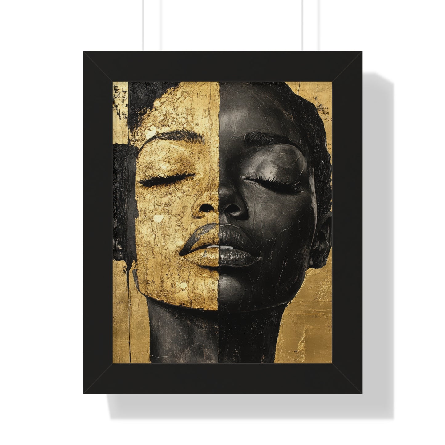 Gold and black abstract portrait featuring a face split into two contrasting halves, framed in black for a bold, modern aesthetic.