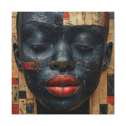 Unique African Woman Canvas Art featuring a bold red lips and closed eyes design by EbMerized Creations.