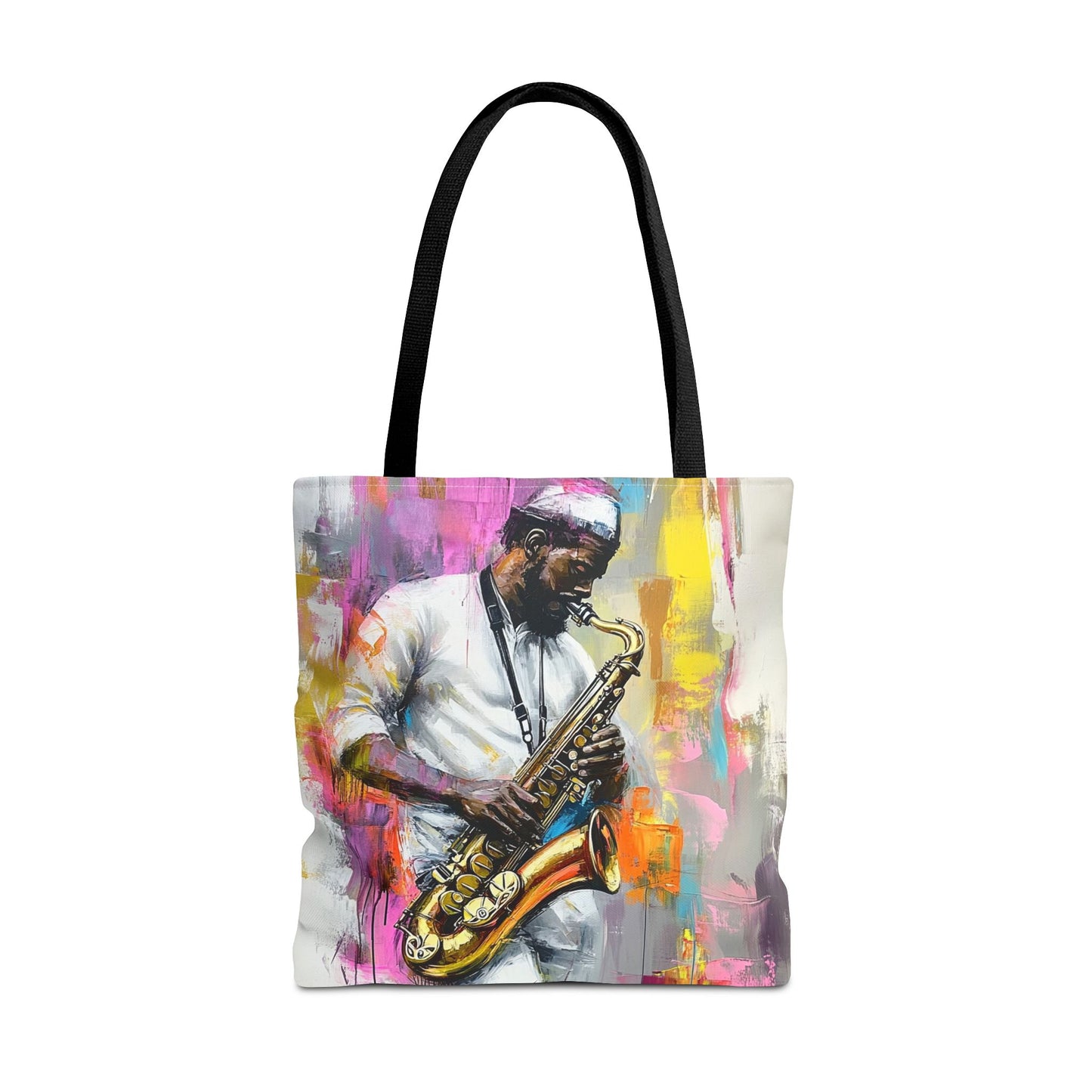 Saxophone Player Art Tote Bag with a bold, colorful music-themed design, available in three sizes with durable spun polyester, cotton straps, and vivid dye sublimation print.