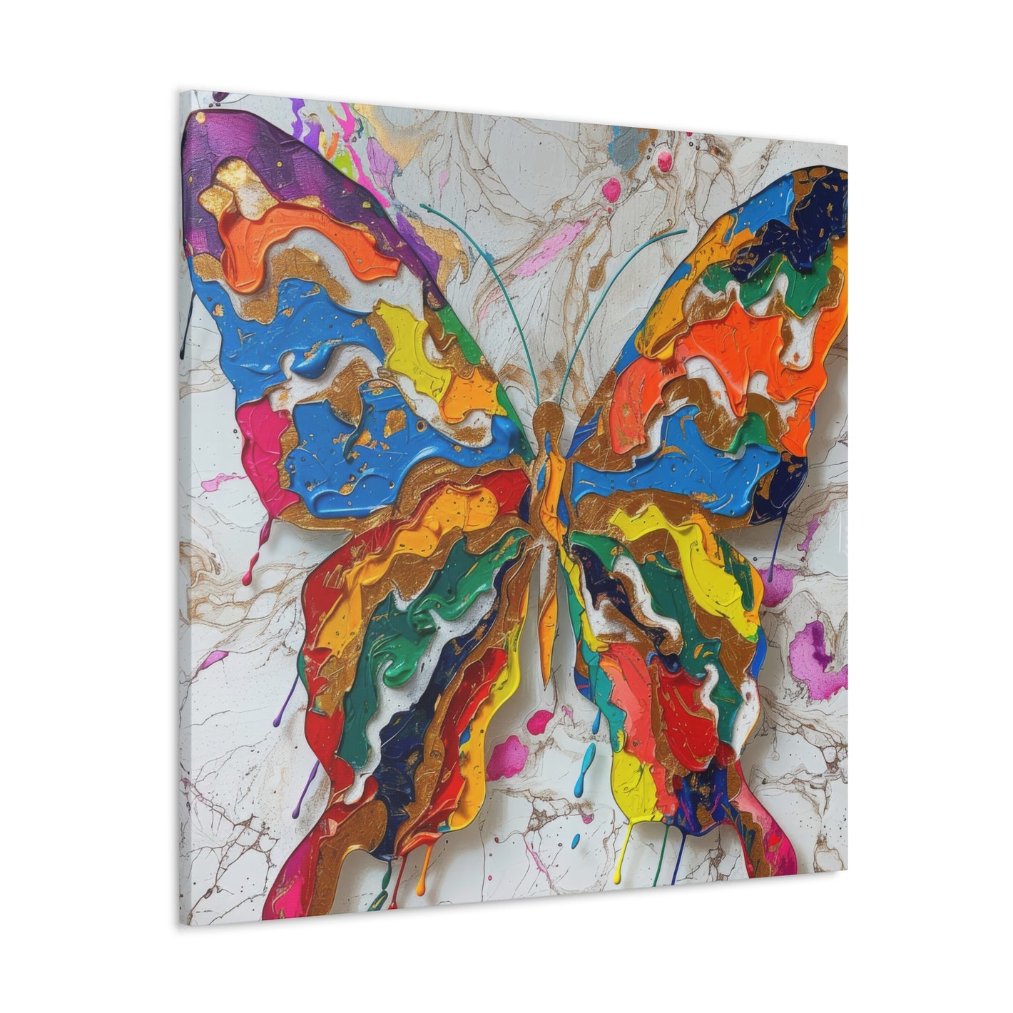 Vibrant Wings: A stunning multicolored butterfly masterpiece on canvas, featuring bold and dynamic abstract patterns. Perfect for adding a splash of color and artistic flair to any room, this vibrant wall art piece captures the beauty and essence of a butterfly in flight.