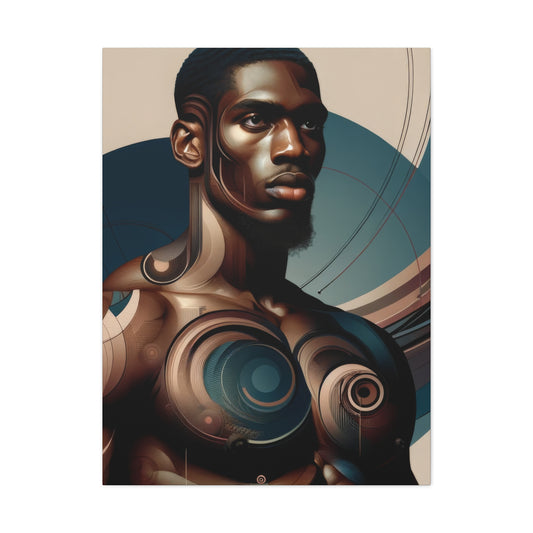 Abstract digital portrait of a man with mechanical body features, combining organic and geometric elements in earthy and metallic tones, signifying strength and elegance | EbMerized Creations