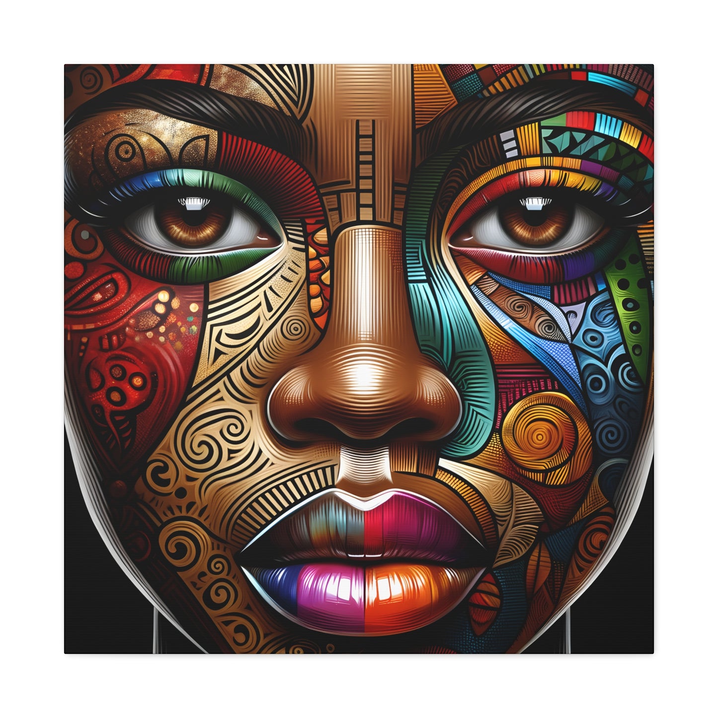 Vibrant, detailed digital art of a stylized face with a rich tapestry of patterns and colors, highlighting intricate tribal motifs in a modern portrait | EbMerized Creations