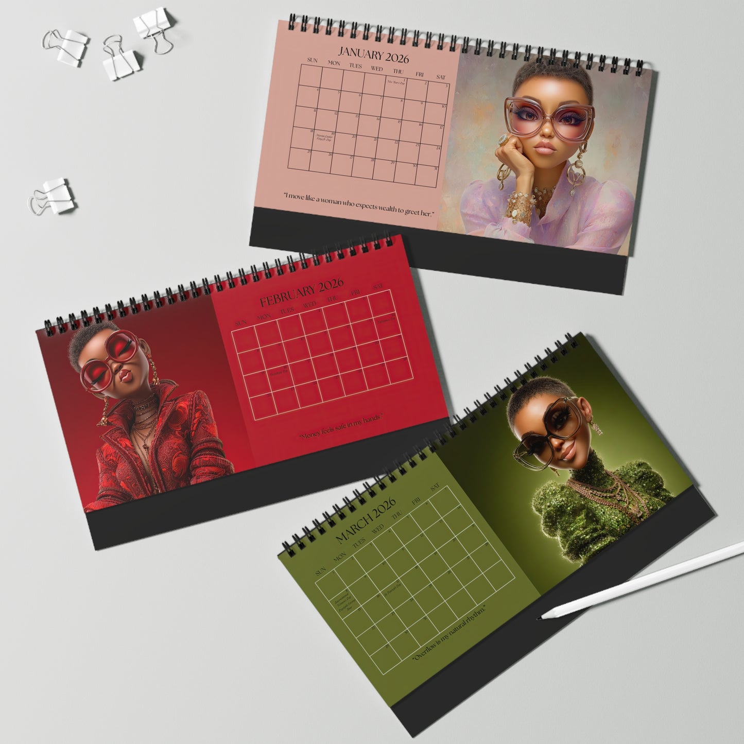 Black Girl Luxe 2026 desktop calendar  featuring 3 months of stylish Black women with natural hair, oversized glasses, and luxury fashion on coral, red, and green color backgrouds.