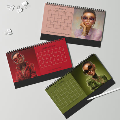 Black Girl Luxe 2026 desktop calendar  featuring 3 months of stylish Black women with natural hair, oversized glasses, and luxury fashion on coral, red, and green color backgrouds.