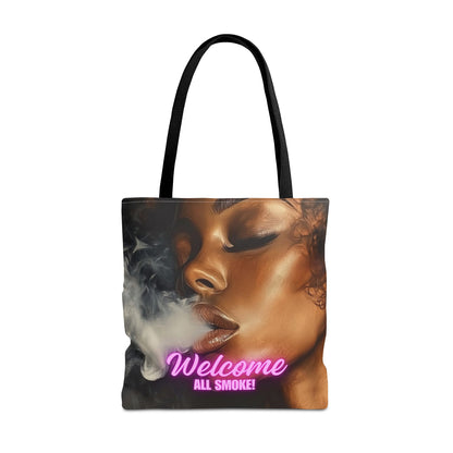 Bold 'Welcome All Smoke' Tote Bag – Fierce Woman in Smoky Art