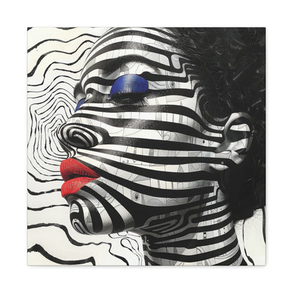 Monochrome Illusions: An artistic zebra pattern portrait featuring bold black and white stripes with striking red lips and blue eyes. This mesmerizing abstract canvas art adds a modern and captivating touch to any space, highlighting the contrast and beauty of monochromatic design.