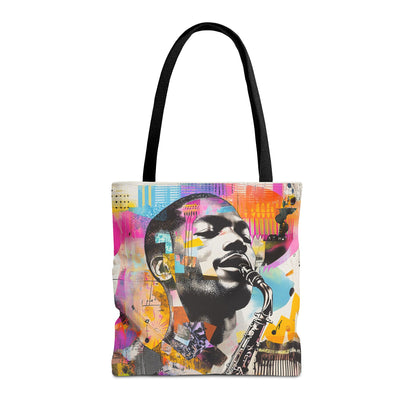 Colorful Jazz Saxophone Player Tote Bag – Music-Inspired Art Design