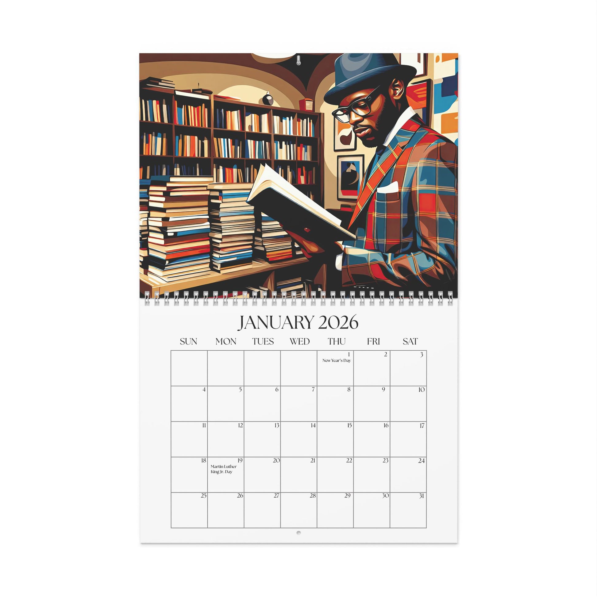 Calendar for January 2026 with a man reading a book in a library illustration.