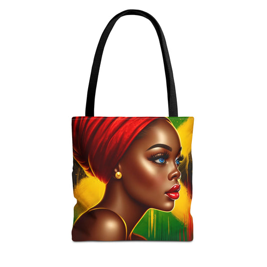 Cultural Elegance Tote Bag featuring a striking portrait of an African woman with a vibrant red headwrap, set against a colorful background of yellow and green, showcasing African beauty and heritage.