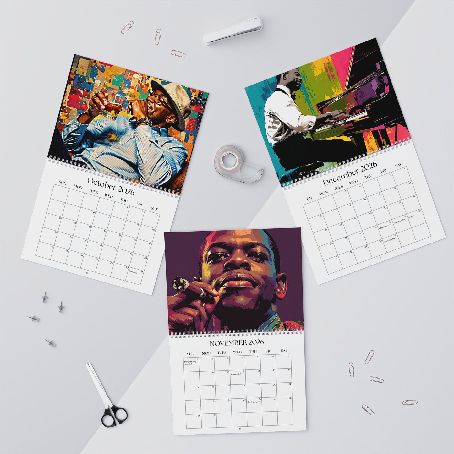 Three calendar pages showing different months with artistic portraits on a light gray background.