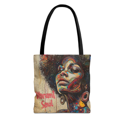 Vibrant Soul Afrocentric Art Tote Bag with bold and colorful design, featuring durable spun polyester, double-stitched seams, and cotton webbing straps.