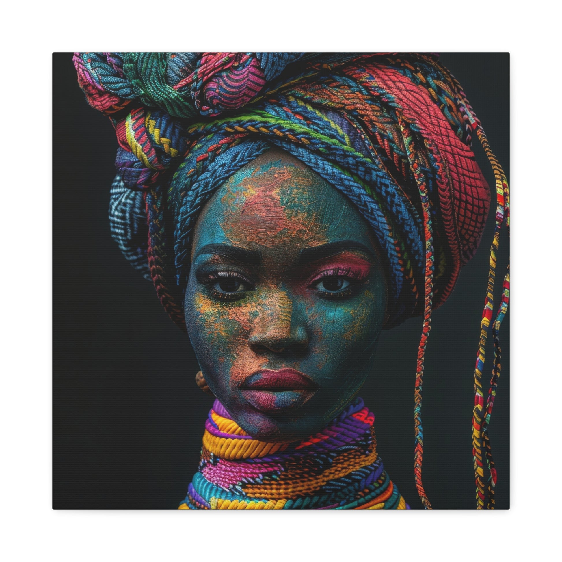 Ethnic African Queen Canvas Art featuring a vibrant and colorful headwrap, showcasing cultural beauty and elegance. Perfect for adding a bold and dynamic touch to any home decor.