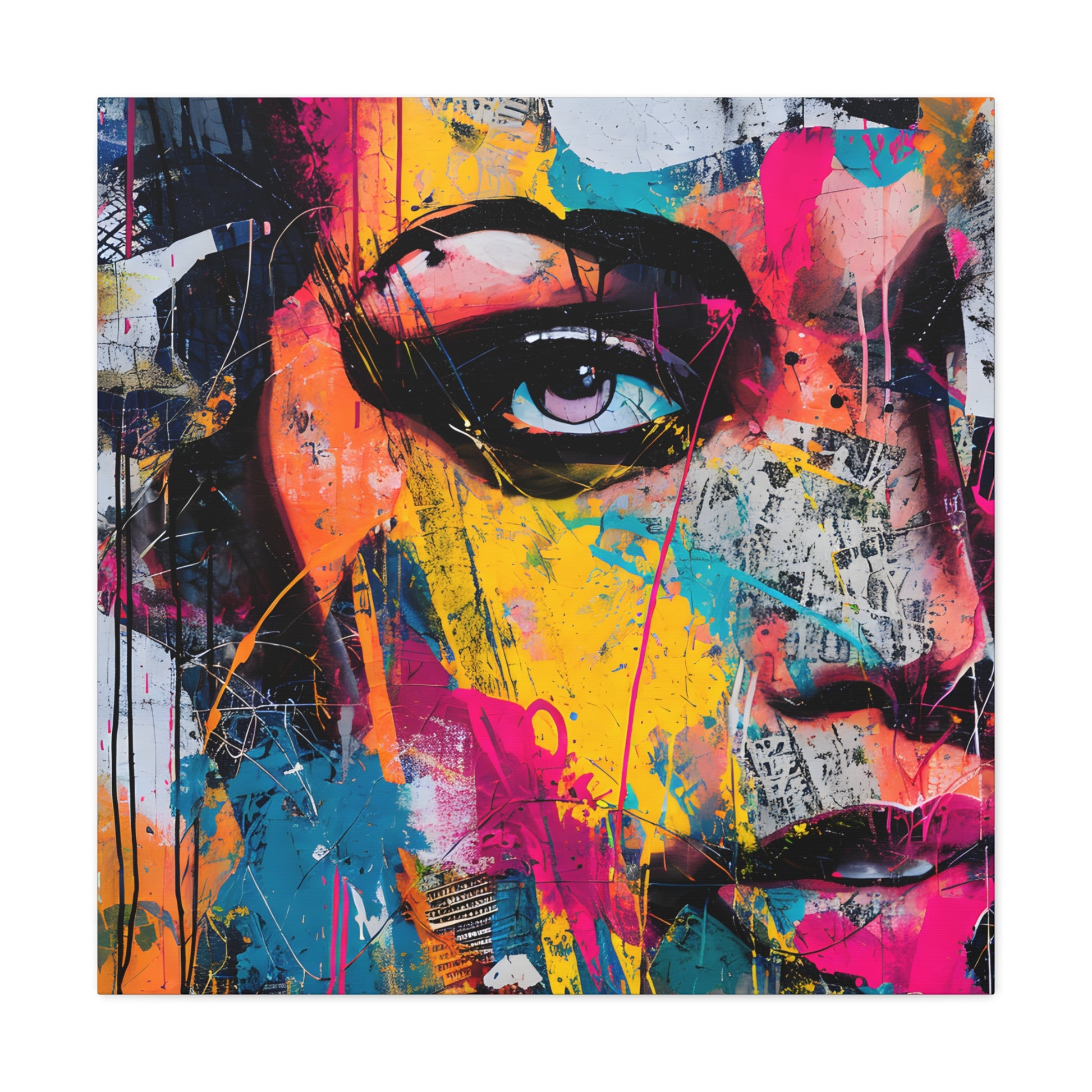 Abstract portrait with bold splashes of yellow, pink, and blue, featuring a singular eye that conveys a gaze full of intent and mystery | EbMerized Creations