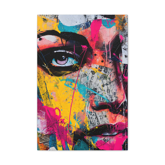 Abstract portrait with bold splashes of yellow, pink, and blue, featuring a singular eye that conveys a gaze full of intent and mystery | EbMerized Creations