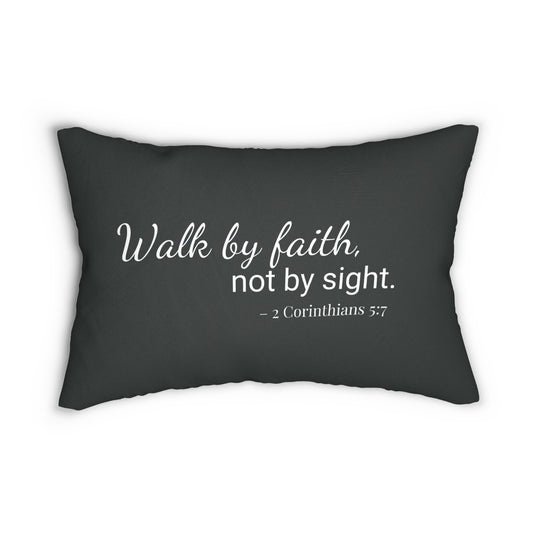 Inspirational lumbar pillow featuring “Walk by Faith” Bible verse design, 20x14 size with water-resistant spun-polyester cover and hidden beige zipper.