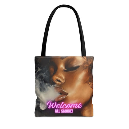 Turn heads with the Bold 'Welcome All Smoke' Tote Bag featuring a fierce woman in smoky art. Available in 3 sizes, durable polyester, and eye-catching statement design.