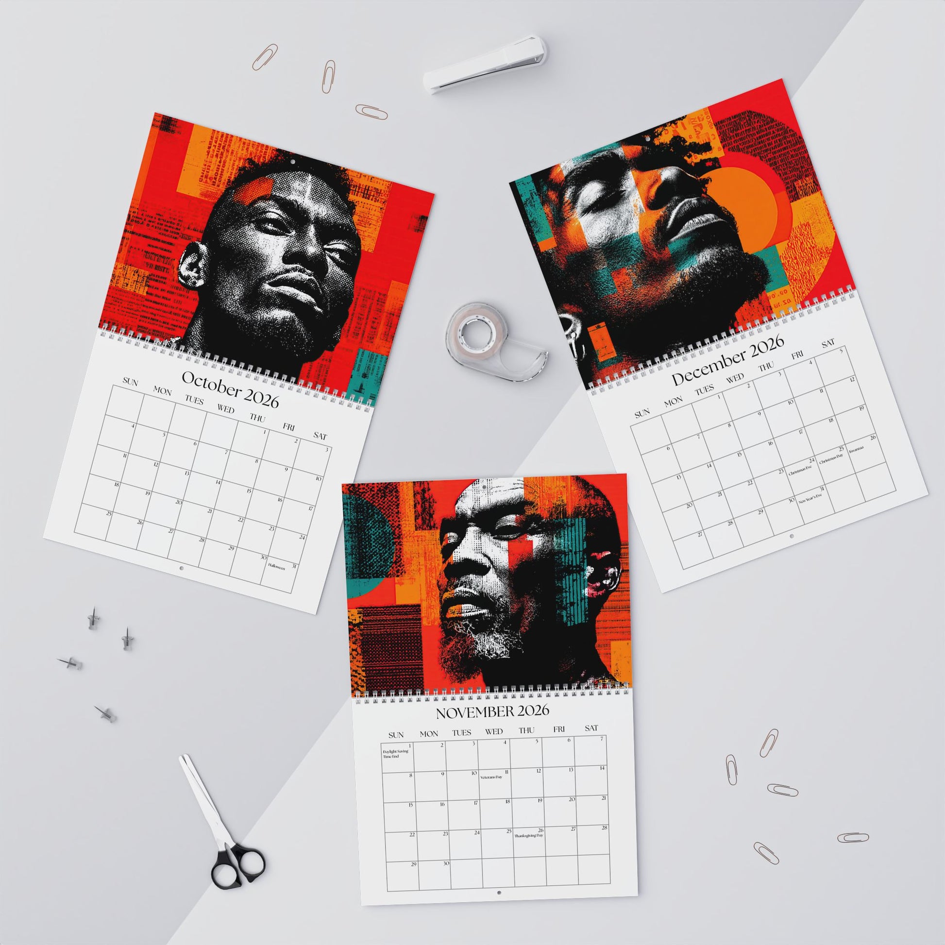 Three calendar pages for October, November, and December 2020 on a light gray background with office supplies.