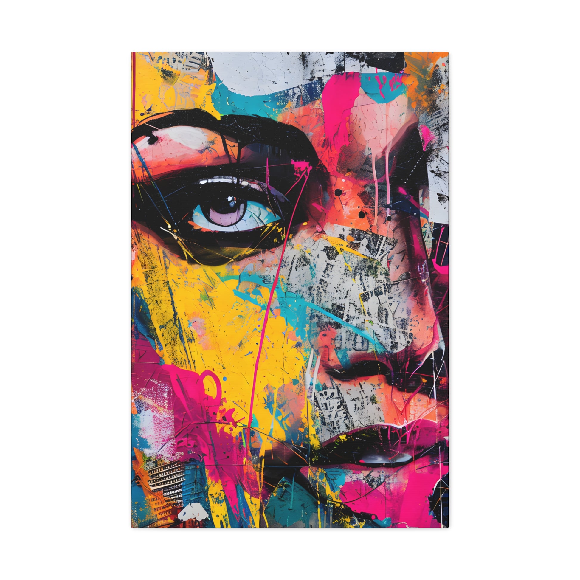 Abstract portrait with bold splashes of yellow, pink, and blue, featuring a singular eye that conveys a gaze full of intent and mystery | EbMerized Creations