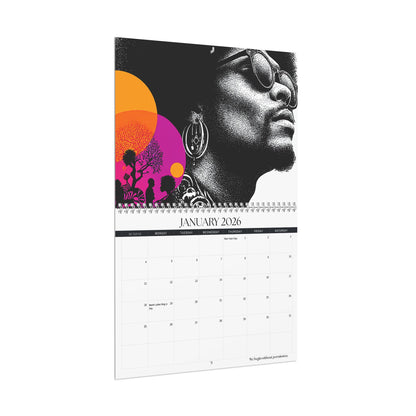 Calendar for January 2026 with a black and white portrait of a person wearing sunglasses on a white background