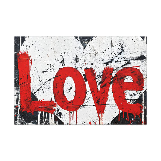 Canvas art featuring the word 'LOVE' in dripping red paint over a textured black and white background, symbolizing passion with a grunge aesthetic