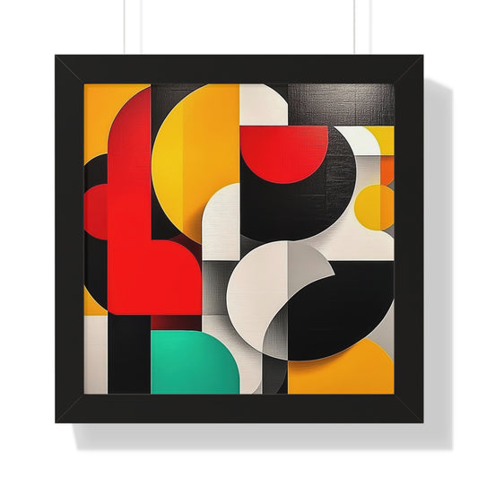 Modern Geometric Framed Wall Art featuring bold abstract shapes in red, yellow, black, white, and green, framed with durable black MDF."