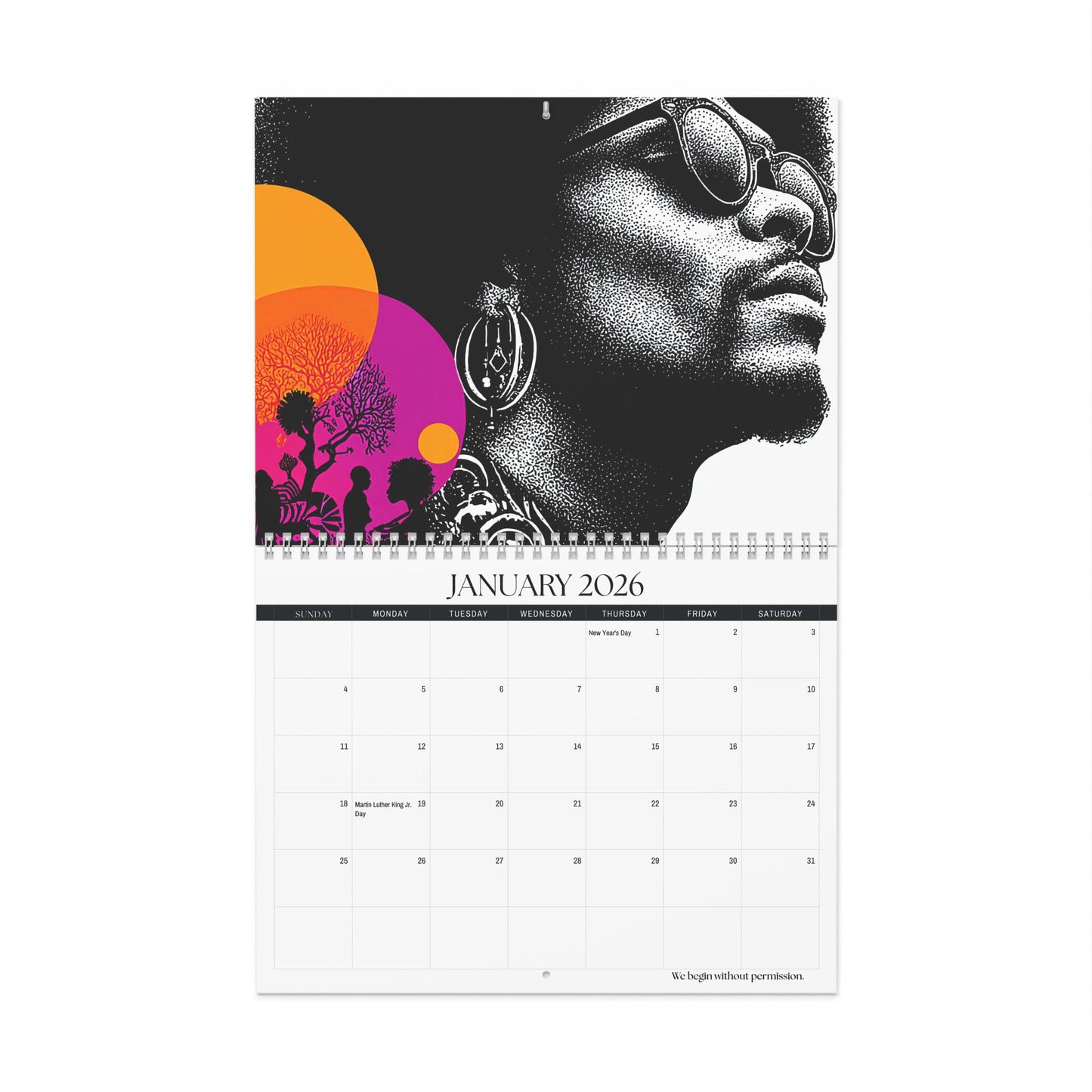 Calendar for January 2026 with a stylized portrait and colorful design elements.