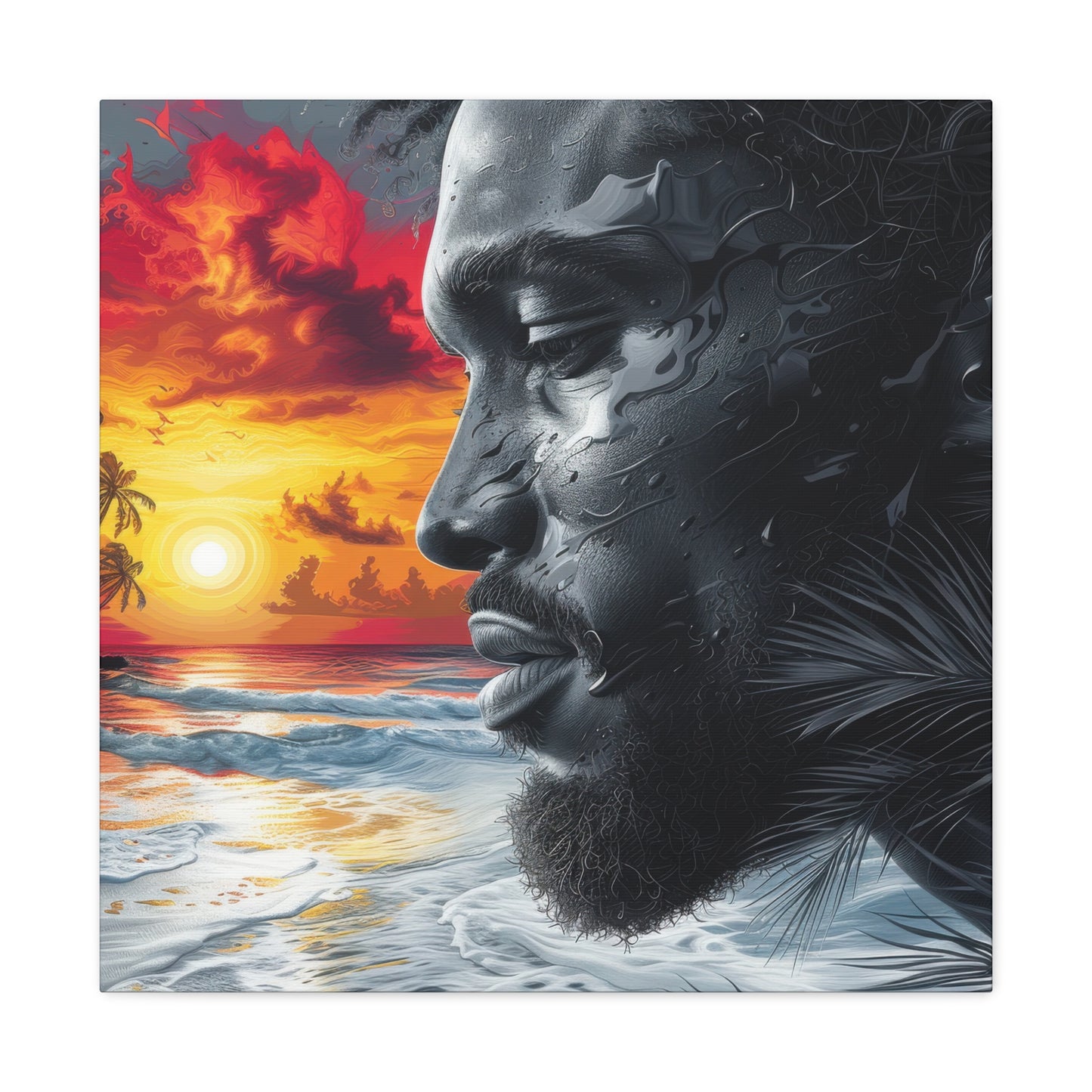 Sunset Serenity Canvas Art: African American Man and Tropical Beach Scene