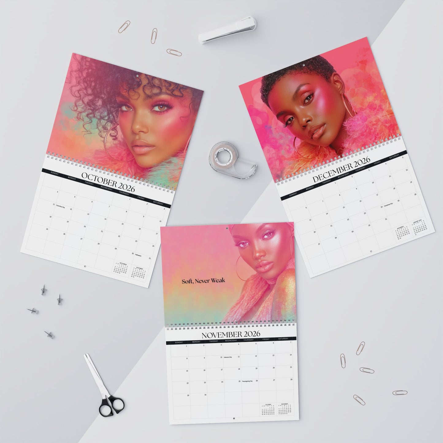 Calendar set with three pages showing a woman's face, placed on a light gray surface with office supplies.