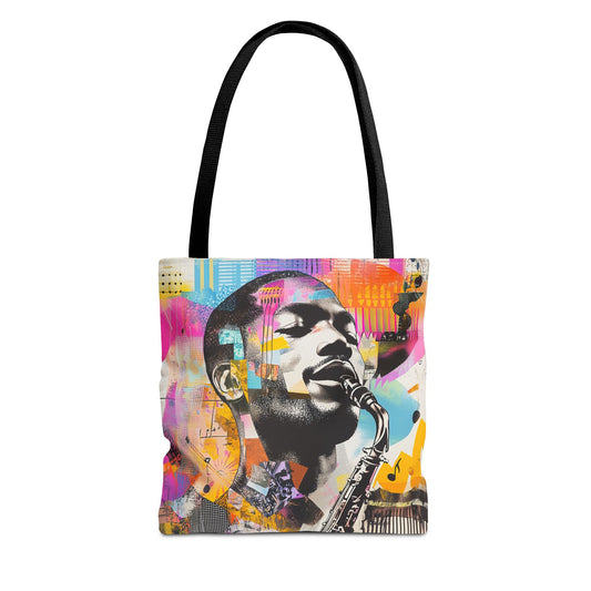 Colorful Jazz Saxophone Player Tote Bag with vibrant, music-inspired art design. Made from durable polyester, available in three sizes, perfect for daily use.