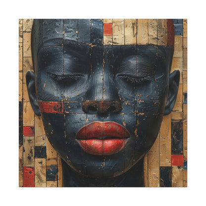 Unique African Woman Canvas Art: Bold Red Lips and Closed Eyes Design