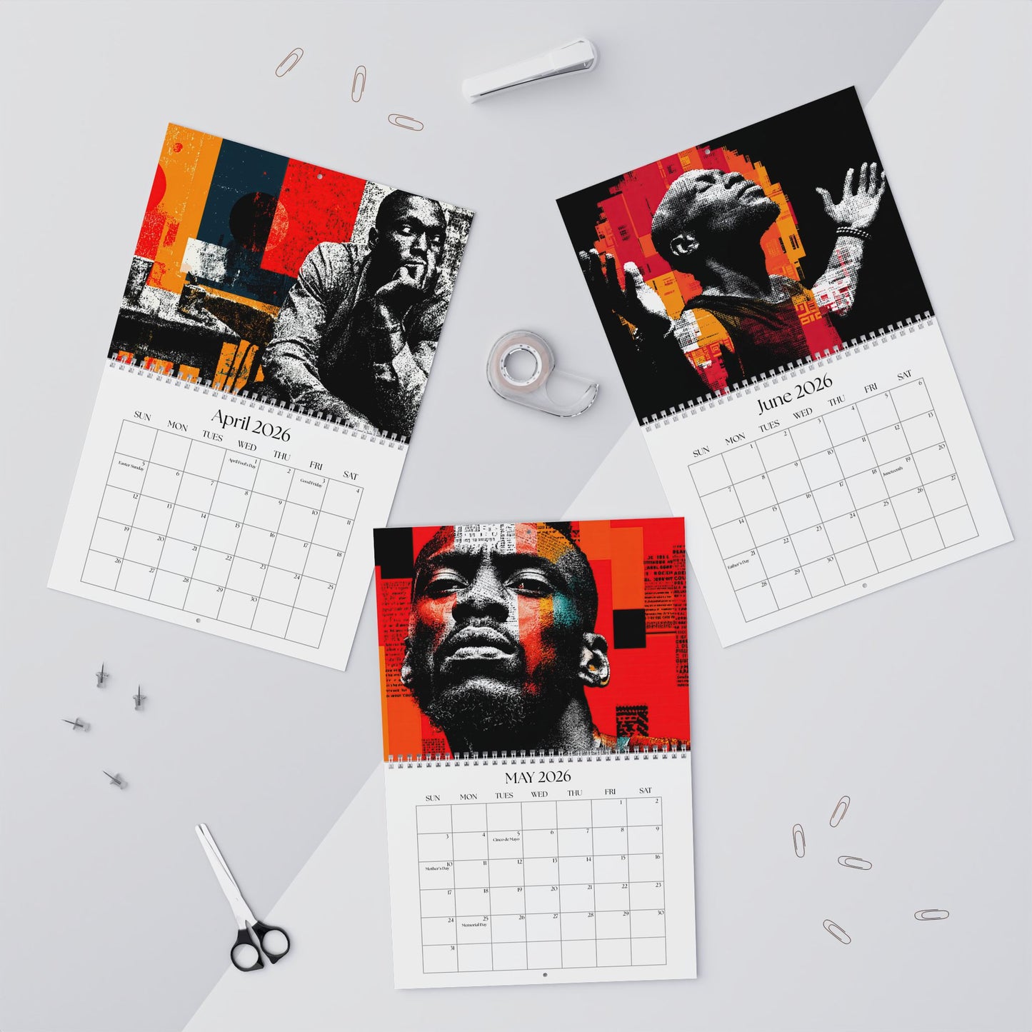 Three calendar pages showing a person's face with a colorful abstract design on a gray surface.