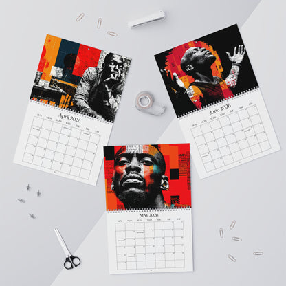Three calendar pages showing a person's face with a colorful abstract design on a gray surface.