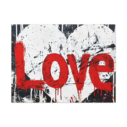 Canvas art featuring the word 'LOVE' in dripping red paint over a textured black and white background, symbolizing passion with a grunge aesthetic